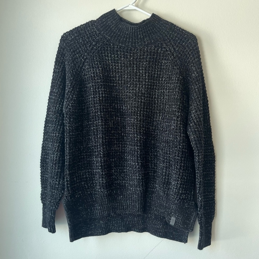 Roots Chunky Knit Mock Neck Sweater Marled Black Gray Cozy Pullover oversized XS